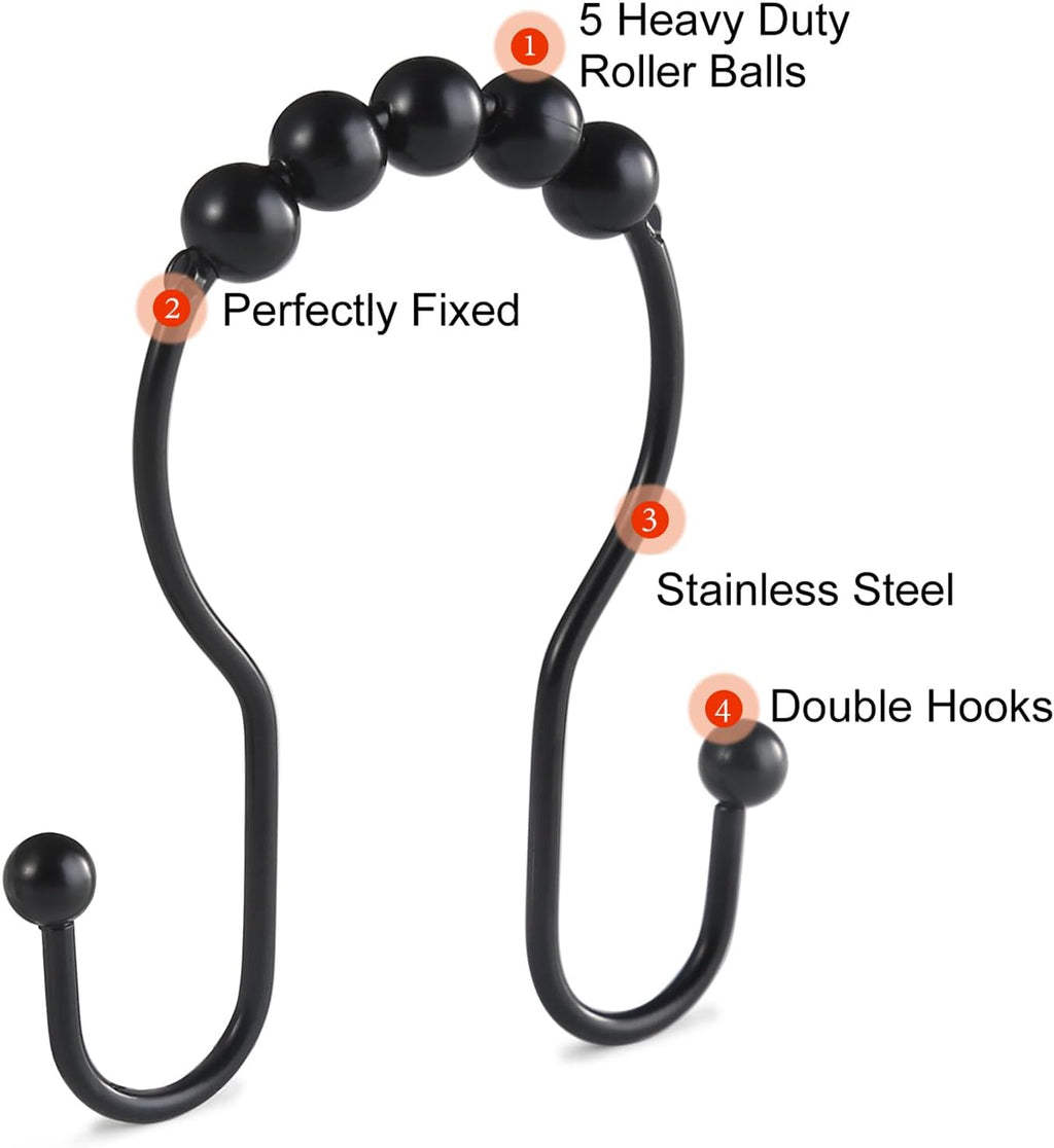 Goowin Shower Curtain Hooks, 12 Pcs Shower Curtain Rings, Stainless Steel Black Shower Curtain Hooks, Shower Curtain Rings Rust Proof, Smooth Sliding Anti-Drop Double Shower Rings for Curtain (Black)