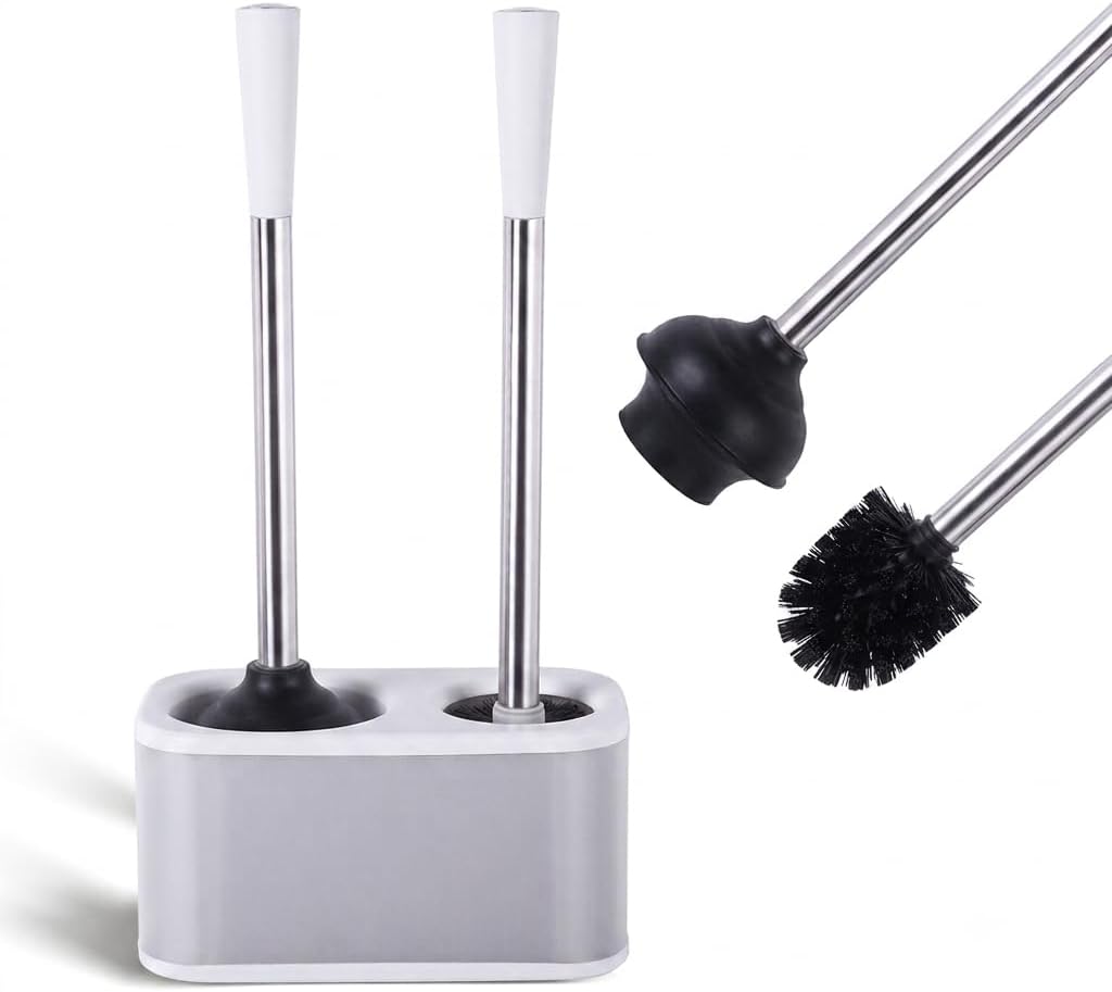 Stainless Steel Toilet Brush and Holder Set - Modern Toilet Brush and Plunger Set - Bathroom Essentials (White)