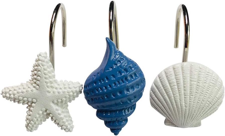 Twofishes Blue Seashell Shower Curtain Hooks S/12 Ocean White Starfish Style Shower Curtain Rings Pack of 12 Oecan Shell Shower Rings Set of 12