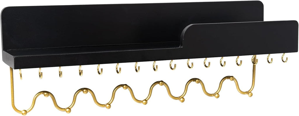 Hanging Jewelry Organizer with 29 Hooks and Cosmetics Shelf, Modern Wood Wall Mounted Jewelry Holder for Necklaces, Bracelets, Earrings and Rings, Black