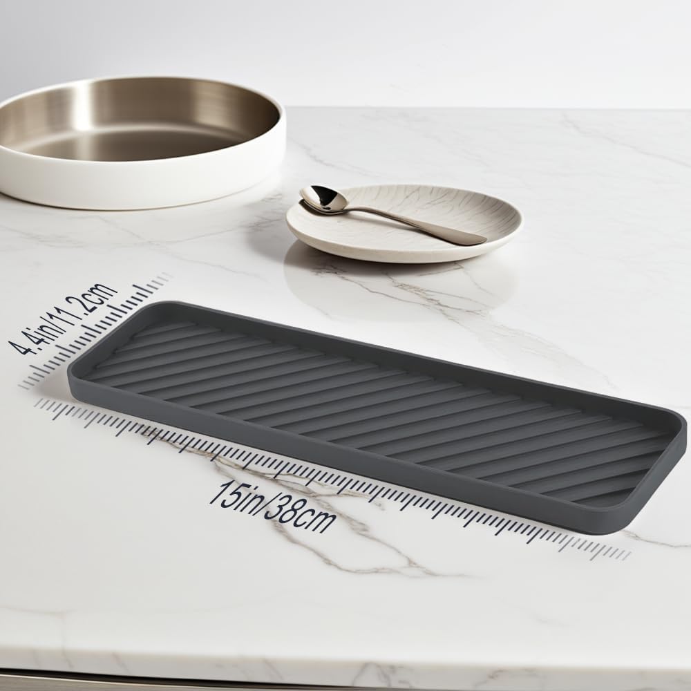 Silicone Organizer Tray for Kitchen Sinks and Bathrooms. Dishwasher-Safe, Non-Slip Countertop Tray, Bathroom Drawer Organizer Trays. Perfect for Makeup & Trinkets (Dark Gray L 1PC)