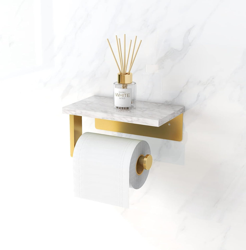 Gypie Toilet Paper Holder with Marble Shelf, Wall Mounted Gold