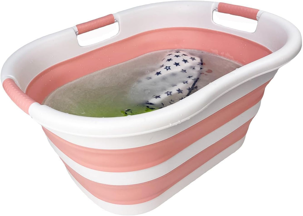 SAMMART 40L (10.5 gallon) Set of 2 Collapsible Plastic Laundry Hamper - Foldable Pop Up Storage Container/Organizer - Portable Washing Tub - Space Saving Basket (2, White/Quartz Pink)