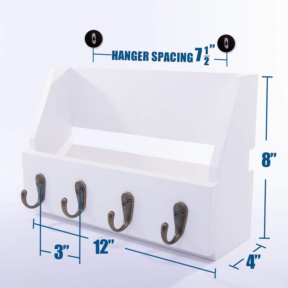 Wall Mounted Key and Mail Holder with 4 Hooks. Made of Solid Wood. Use as Key Rack, Entryway or Mudroom Organizer, Mail Sorter, Magazine Holder, Bill Sorter, Rustic Home Décor (White)
