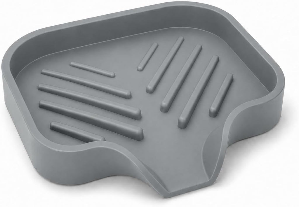 Silicone Soap Dish with Drain Spout, Self-Draining Soap Holder for Kitchen Sink & Bathroom, Non-Slip Silicone Sink Tray for Soap, Sponge, Brush & Dispenser, Dishwasher Safe, Gray (4.8"x3.8")