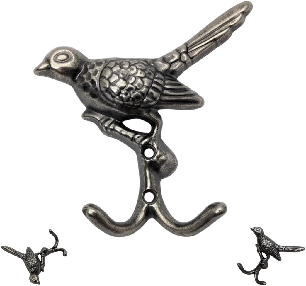 6 pcs Antique Silver Bird Decorative Wall Hooks for Hanging Coats, Keys, Towels, Bags, and More