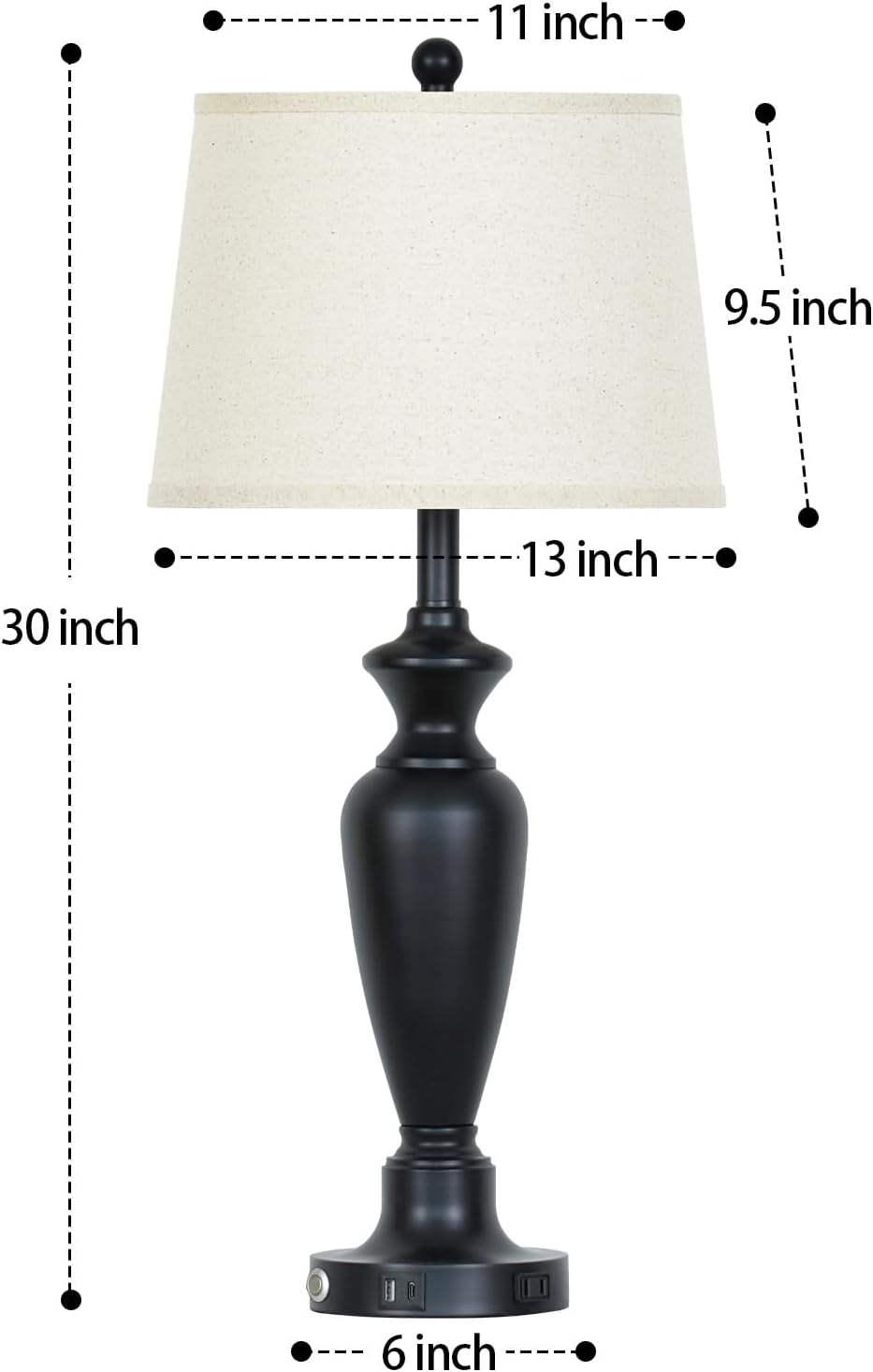 Cinyirong 30" Tall Black Table Lamp, 3-Way Dimmable Touch Control Bedside Lamp with USB A+C & AC Outlet for Bedroom, Living Room (1 Pack)