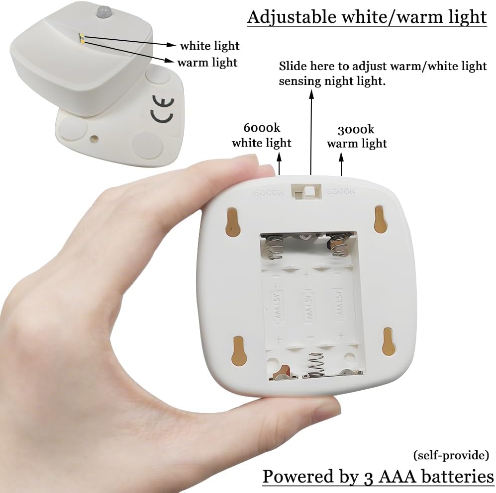Consss Motion Activated Night Light,Nightlights with Light Sensors Dual Color Modes 6000K White Light/3000K Warm Light Adhesive Installation for Bedroom, Kitchen, Stairs, Hallway,Garage,2 Pack