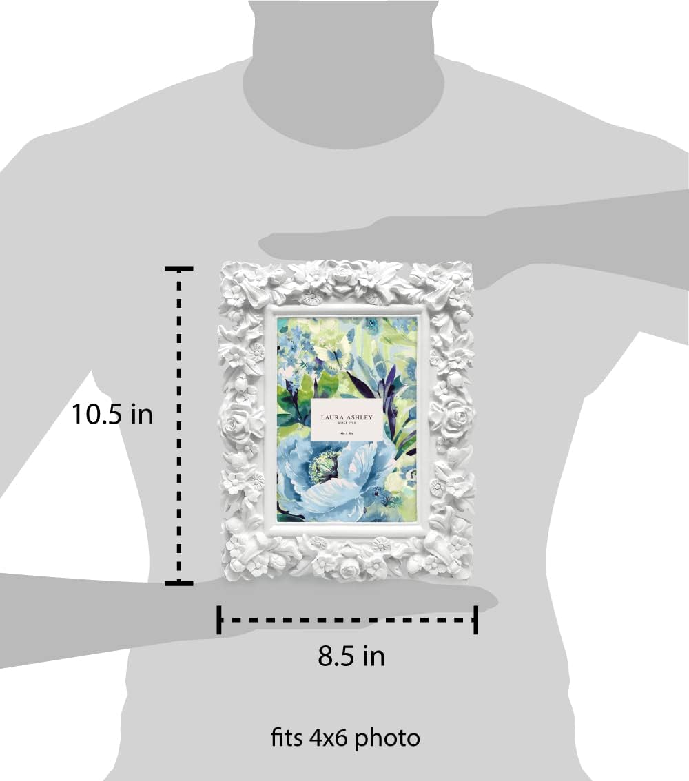 Laura Ashley 4x6 White Floral Textured Hand-Crafted Picture Frame w/Easel