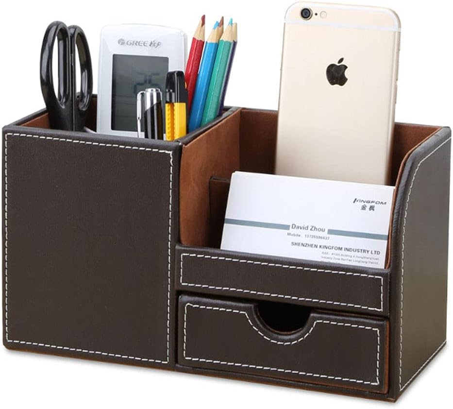 KINGFOM Desk Organizer Office Supplies Caddy Pu Leather Multi-function Storage Box Pen/Pencil,Cell phone, Business Name Cards Remote Control Holder with Small Drawer Brown