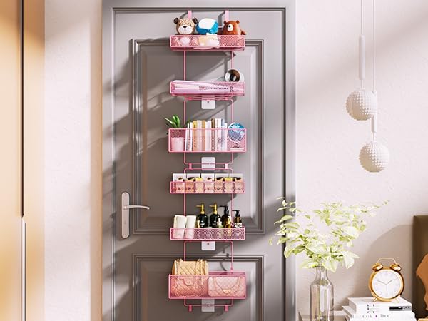 HapiRm Over Door Organizer Storage - Separable Door Organizer Hanging with 6 Metal Large Capacity Baskets for Bathroom Bedroom Kitchen Pantry Closet (Pink)