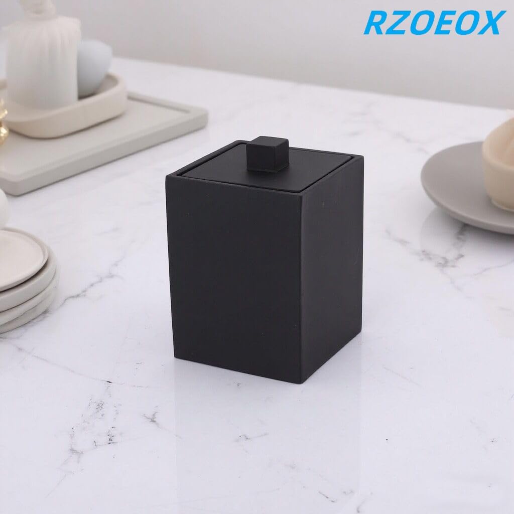 Square Cotton Swab Holder with Lid, Matte Black Qtip Holder Bathroom