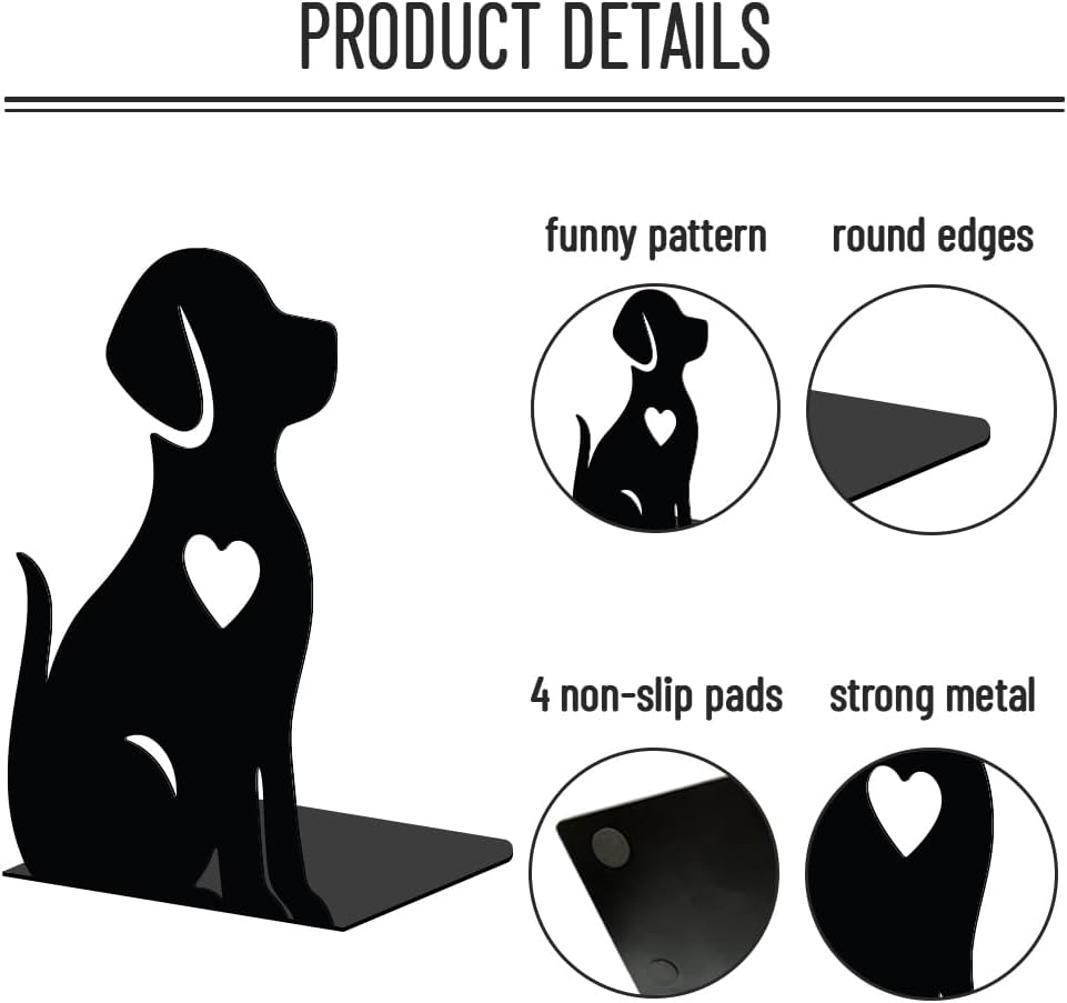 WADORN 1 Pair Dog Metal Bookends for Shelves, Puppy Book Ends Support