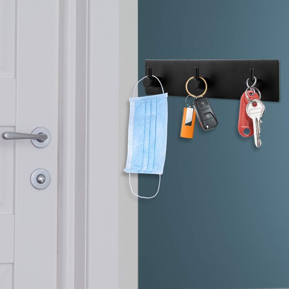 Picowe Key Holder for Wall Decorative, Adhesive Stainless Steel Key Hooks, Key Hanger Key Organizer for Wall, Towel Hook Coat Hanger for Entryway Hallway Kitchen(Three Rows,Black 1PCS)