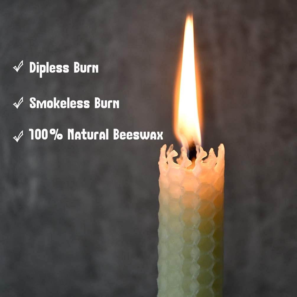 TELOSMA Hand Rolled Beeswax Taper Candles, Natural Yellow, 8 Inch, 12 Pack