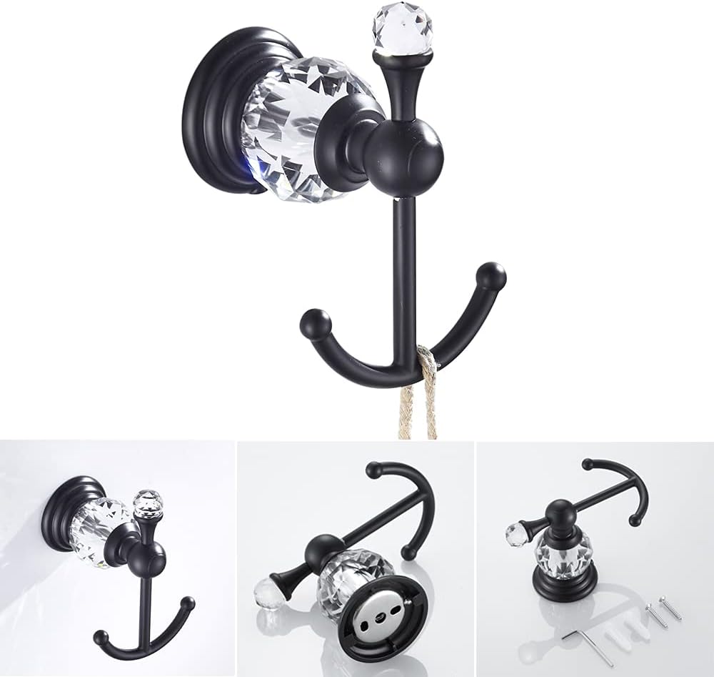 WOLIBEER Crystal Bathroom Hardware, Black 24 Inch Towel Bar Set Toilet Paper Holder Towel Ring Coat Hooks Bathroom Accessories 4 Pieces Wall Mounted