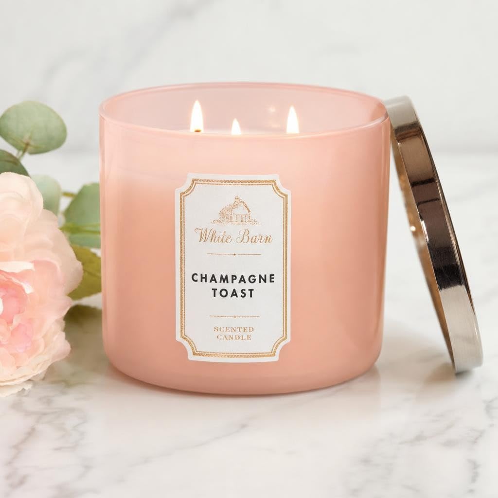 Bath and Body Works White Barn Champagne Toast 3 Wick Candle 14.5 Ounce Basic White Barn Label