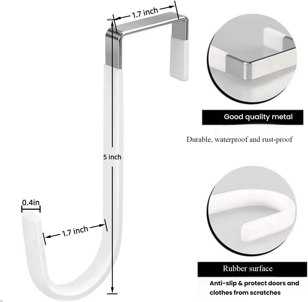 Over The Door Hooks, Door Hangers Hooks,Extra Long 5" Rustproof Organizer Hook with Soft Rubber Padding, No-Scratch Design for Towels, Robes, Coats, Bags (6 Pack White)