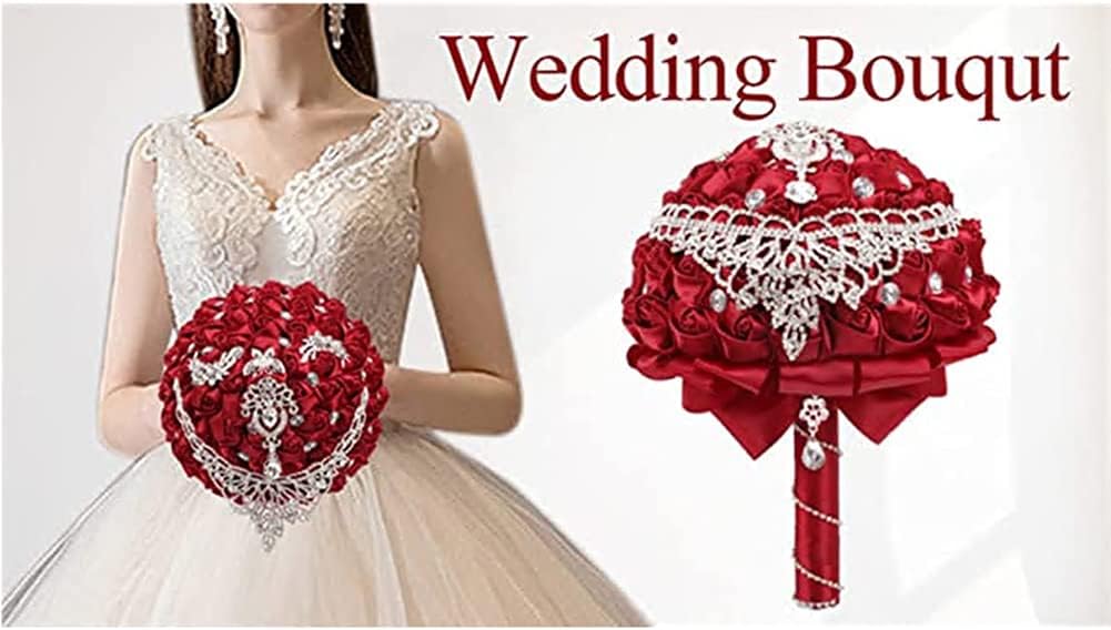 Handmade Luxury Wedding Bridal Bouquet Large Silk Rose Holding Toss Artificial Flowers Bouquets with Satin Ribbon Pearls Rhinestone for Bride Vintage Royal Wedding Bouquet (Red)