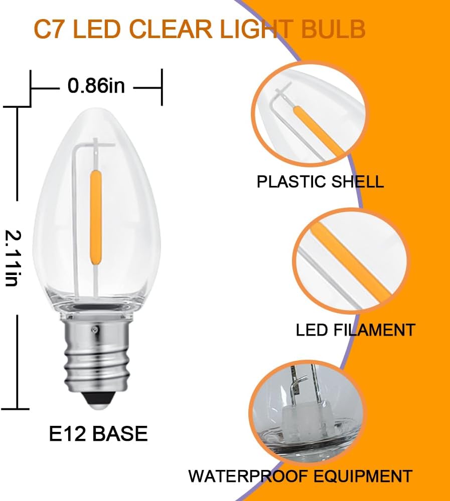 NETEHA 6 Pack C7 Clear 120V Waterproof Led Replacement Christmas Light Bulb