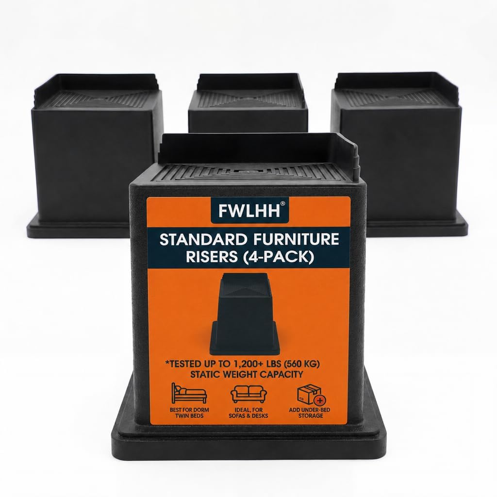Heavy Duty Furniture Risers - 1200 Lbs Capacity Square Bed Risers with 4.1 Inch Universal Cavity, 6 Inch 4-Pack Black, Sofa Lift and Desk Elevators for Under Bed Storage