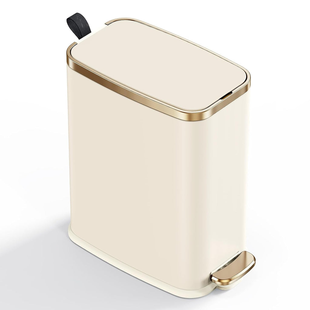 CEROELDA Small Bathroom Trash Can with Lid-5L/1.3 Gal-Soft Close Lid-Beige