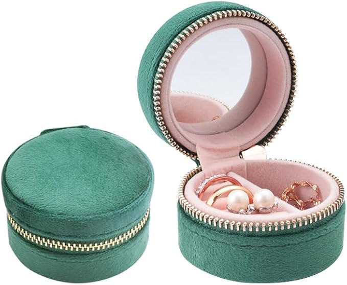 Travel Ring Box with Mirror, Velvet Lined Jewelry Organizer for Women - Mini Portable Case for Engagement, Wedding Band, Earrings,Necklaces | Bridesmaid Proposal Gift (Green)