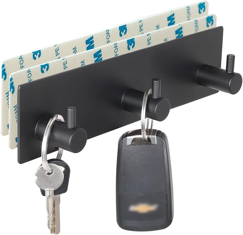 VIRFIN Key Holder for Wall with 2 Self-Adhesive Tapes, No Damage Key Holder Rack for Wall with 3 Key Hooks for Entryway, Door, Bathroom, Kitchen(Black)