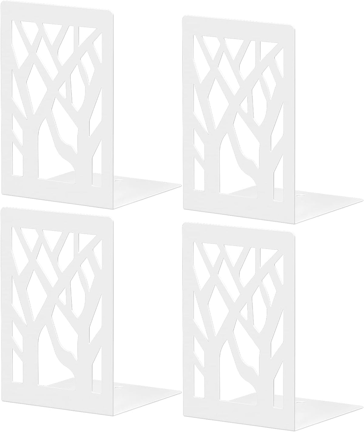 White Bookends 4 Pieces, Tree Design Modern Metal Bookends for Shelves, Unique Tree Book Ends Decorative Book Organizer for Desk, Decorative Shelve Book Stopper for Home Office