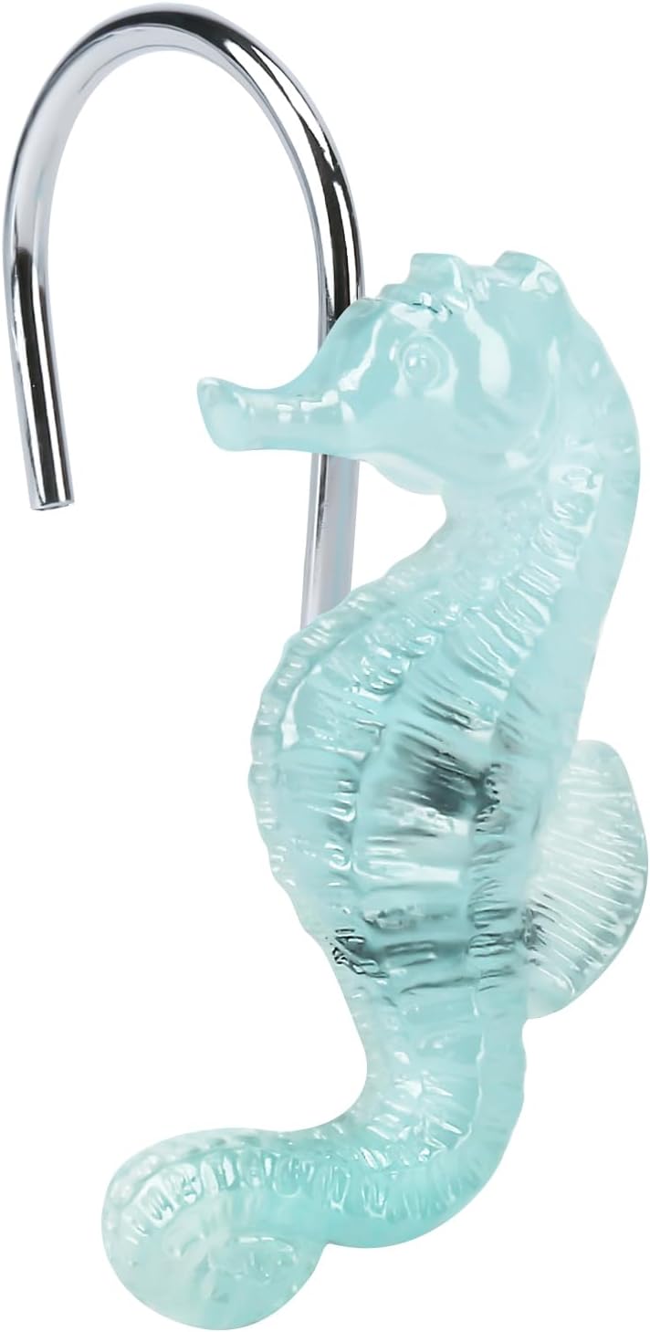 Beach Shower Curtain Hooks, Glow in The Dark, Creative Blue Starfish, Seashell, Conch and Seahorse, Coastal Theme Ocean Seaside Pretty Bathroom Décor