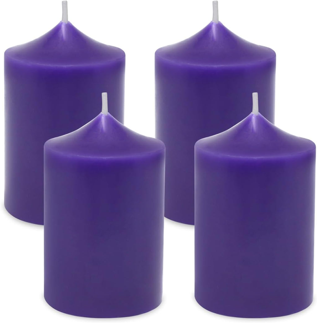 Set of 4 2x3 Inch Purple Pillar Candles, Small Unscented Dripless Solid Colored Cylinder Column Candles for Home Party Holiday Dinner Table Decoration - 24 Hour Burning Time