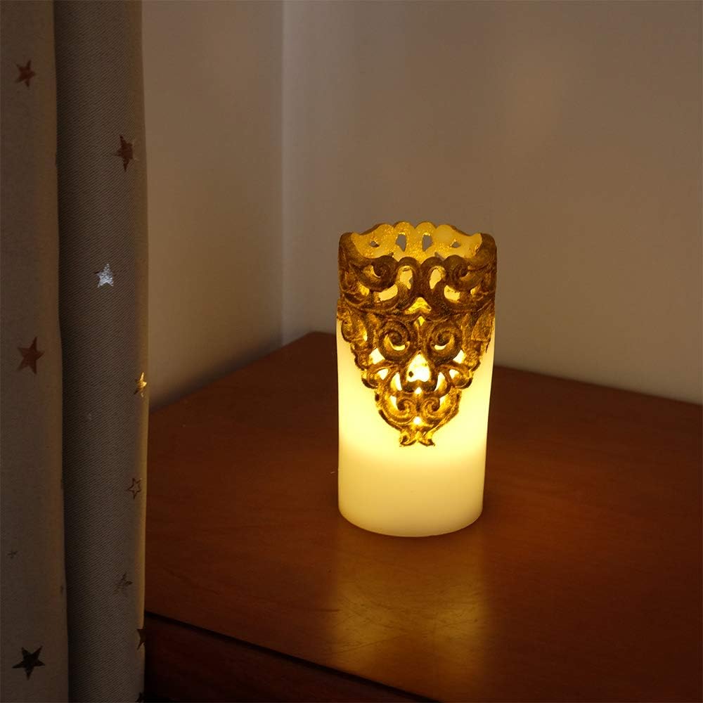 Gold Flameless LED Pillar Candles Battery Operated with 5H Timer