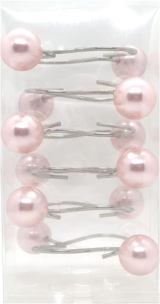 Pearl Shower Curtain Hooks, 12PCS Stainless Steel Anti Rust Artifical Pearl Decorative Shower Curtain Hooks Cute Theme Shower Curtain Hooks for Bathroom Bedroom Room Decor (Pink)