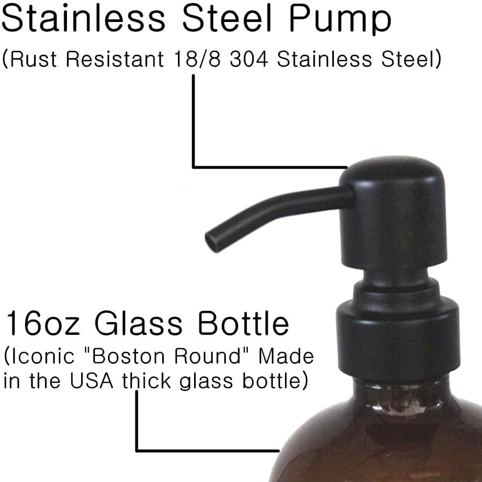 2 Pack Thick Amber Glass Pint Jar Soap Dispenser with Silver Stainless Steel Pump, 16ounce Boston Round Bottles Dispenser with Rustproof Pump for Essential Oil, Lotion Soap