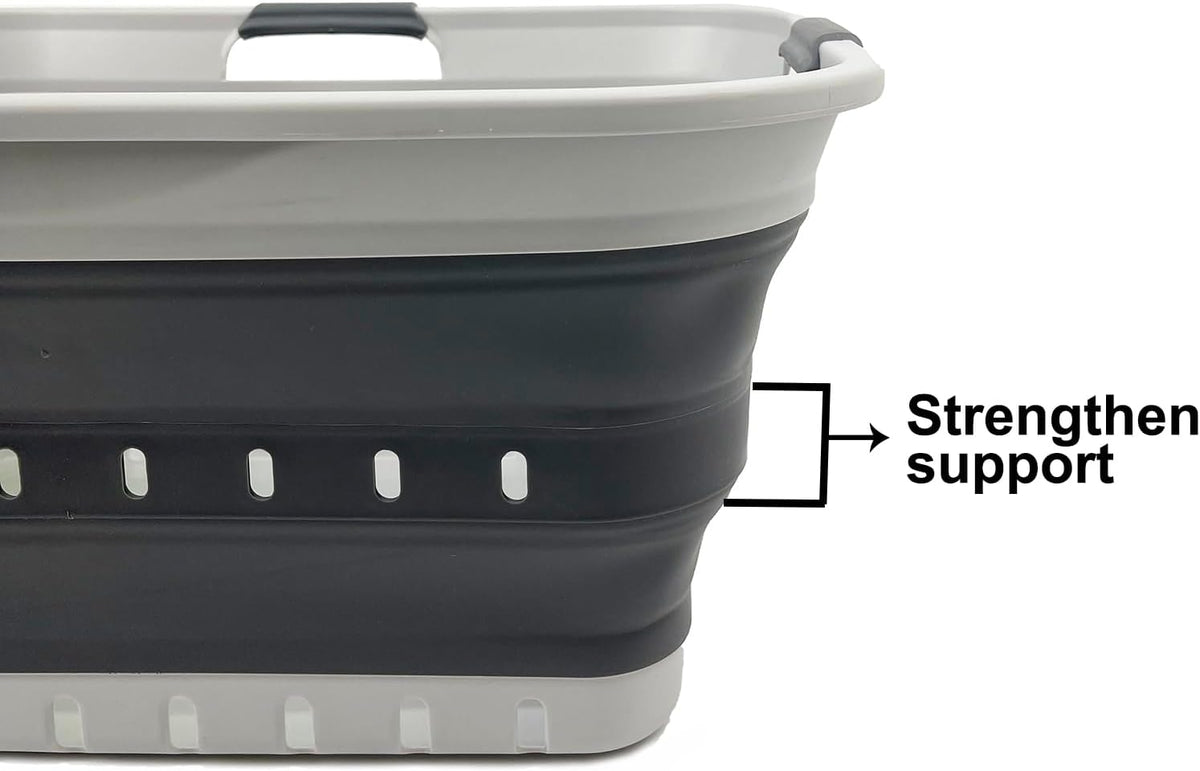 SAMMART 42L (11 Gallon) Set of 2 Collapsible Plastic Storage Basket - Foldable Pop Up Storage Container - Portable Laundry Organizer - Space Saving Hamper (Grey/Steel Grey, 42L (Style B))