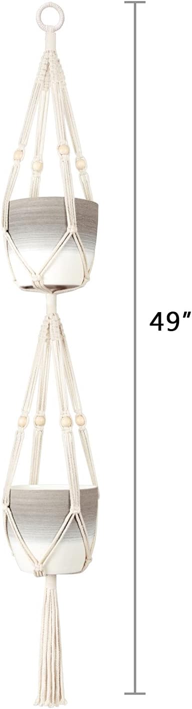 Mkono Macrame Double Plant Hanger Indoor Outdoor 2 Tier Hanging Planter Basket Cotton Rope with Beads 4 Legs 49 Inches (Pack of 3)