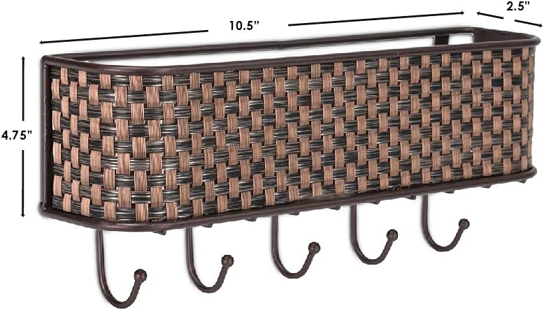 Home Basics Wall Mount Mail Letter Organizer Basket Shelf and 5 Key Hook/Holder in Brown Weave
