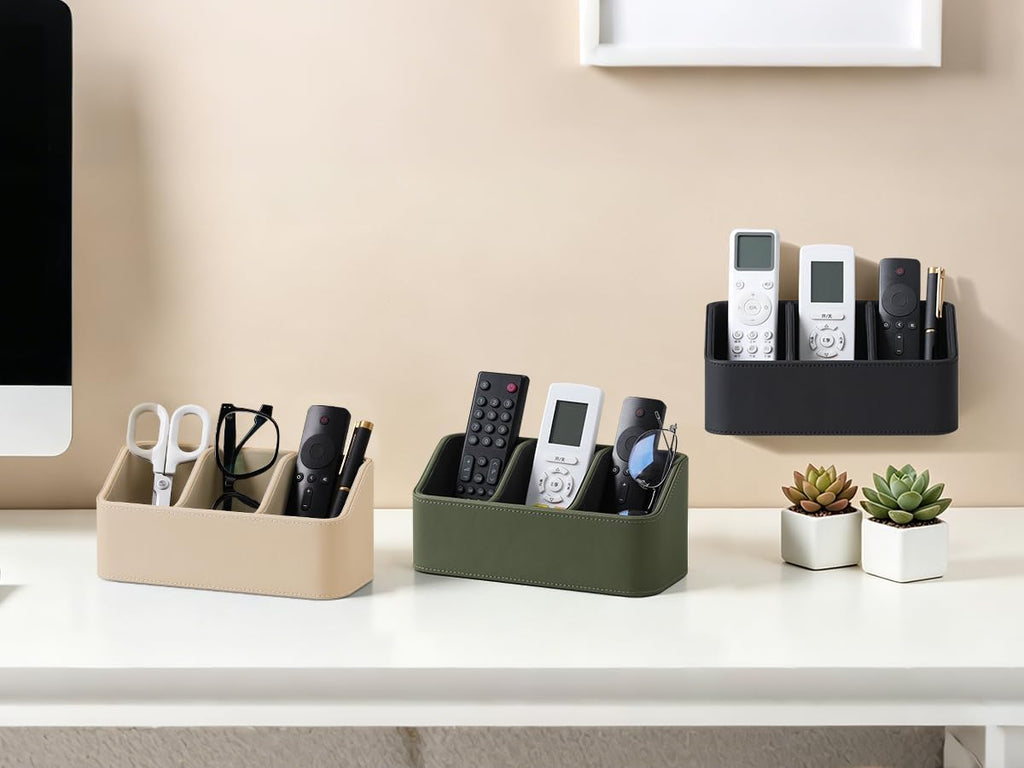 Hole-Free Wall-Mounted PU Leather Remote Control Holder, 3-Compartment Desktop Organizer, Perfect for Living Room, Bedroom, TV Side, Bathroom and More (Green)