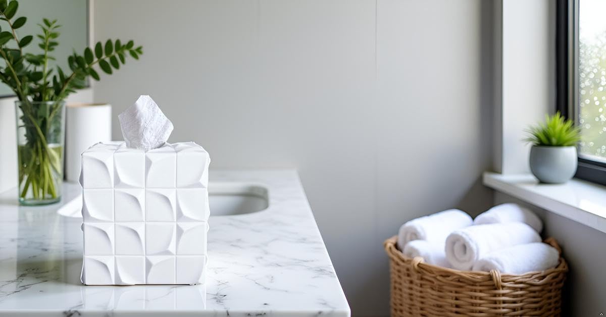 Square Tissue Box Cover Decorative Kleenex Box Holder for Bathroom & Living Room with Handcrafted Texture (White)