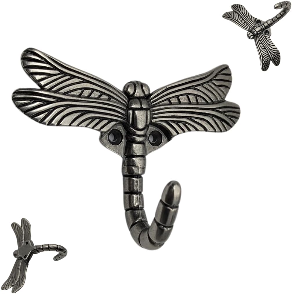 6 pcs Antique Silver Dragonfly Decorative Wall Hooks for Hanging Coats, Keys, Towels, Bags, and More