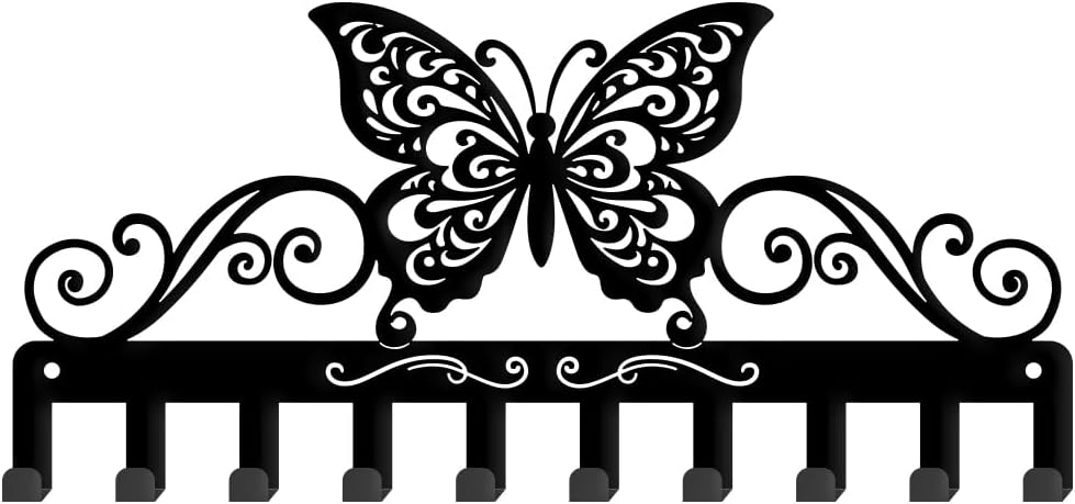 SUPERDANT Butterfly Metal Key Hook Curly Pattern Decorative 10 Hooks Black Key Hanger Organizer Wall Hanging Hooks Personalized Holder Rack Dog Leash Hanger for Home Wall Front Door 13x5.9in