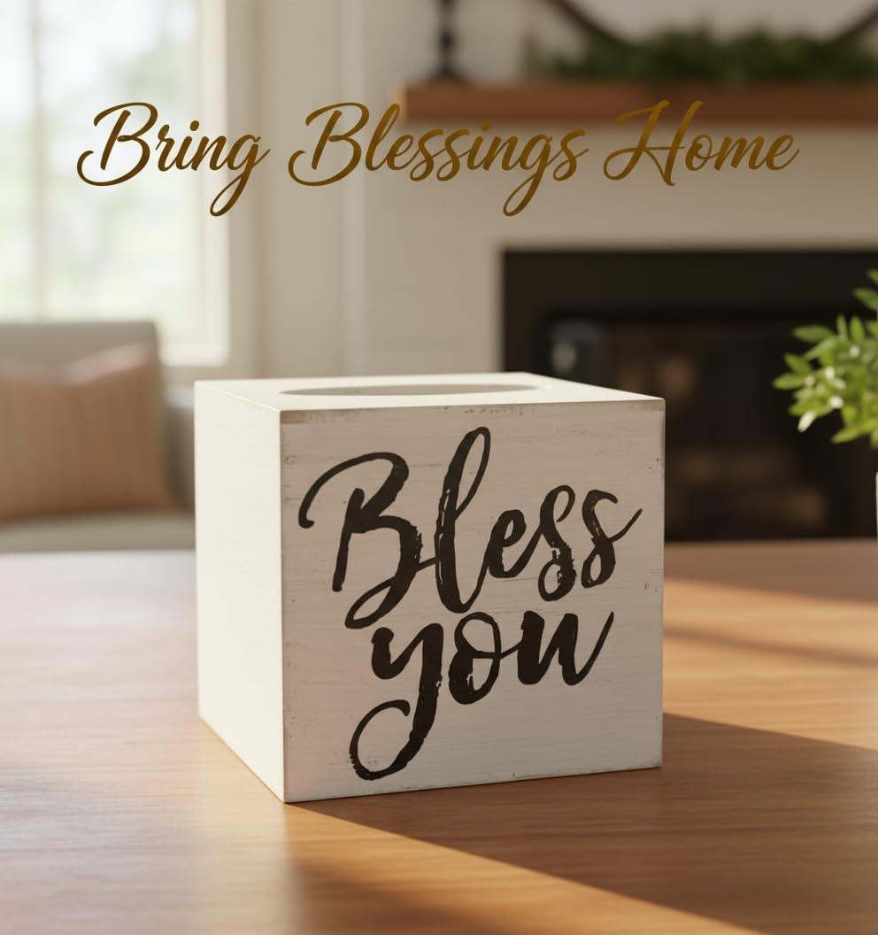 Young's Inc. Wood Bless You Tissue Box Cover - Tissue Holder for Farmhouse Bathroom Decor - Charming Rustic Bathroom Decor - 6" L x 6" W x 6" H