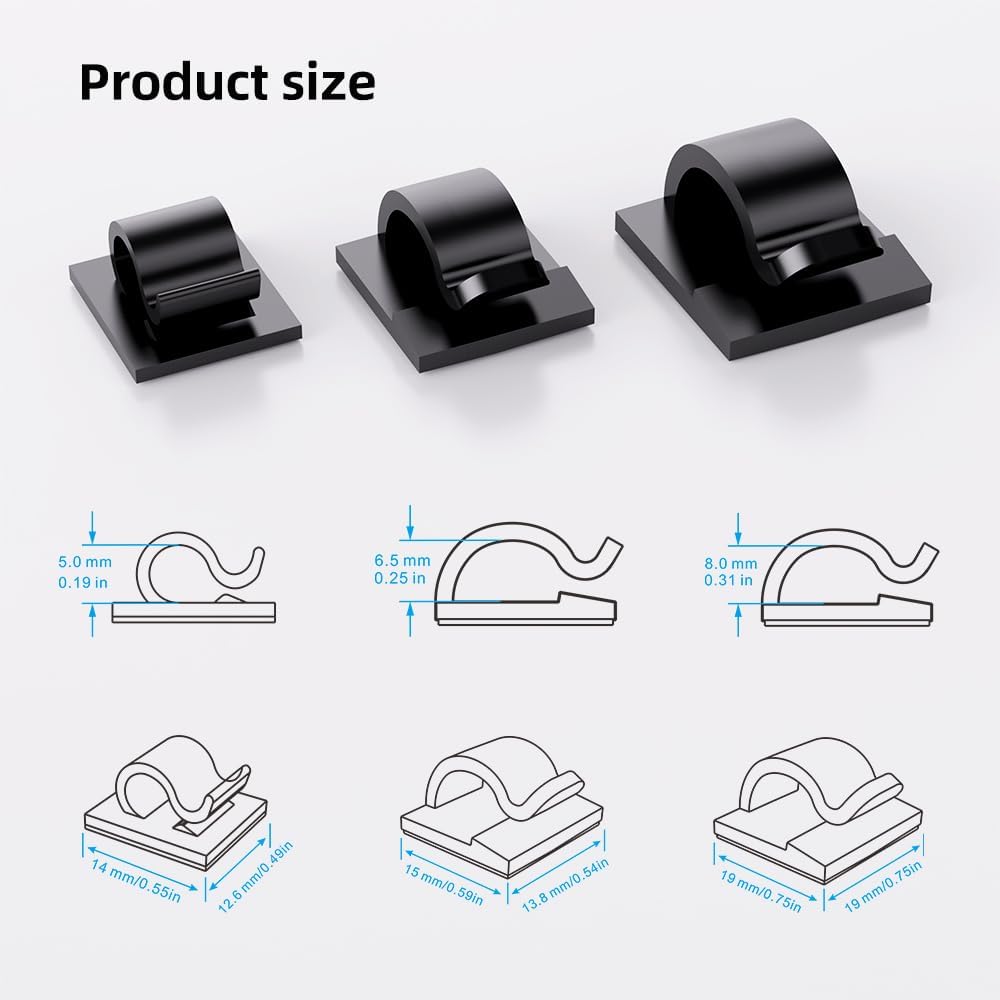 100 PCS Adhesive Cable Clips Cord Organizer (Small, Medium,Large),Wire Holder for Cable Management, Outdoor Light Clips Light Hooks for LED String,Car Dash Cam, Extension Cord (Black)