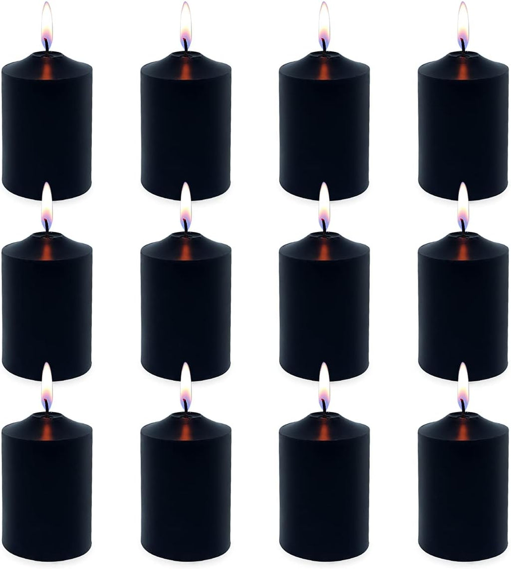 12 Pack Black 2x3 Inches Pillar Candles for Halloween, 22 Hour Long Burning Unscented Column Candles, Dripless and Smokeless Candles for Home Weddings Church and Emergency