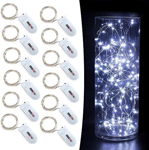 YKB 12 PCS White Fairy Lights LED String Lights Battery Powered, 20 Micro LEDs on 3.3ft/1m Silvery Copper Wire, Battery Operated String Lights by 2xCR2032, for Christmas Decorations Holiday Wedding