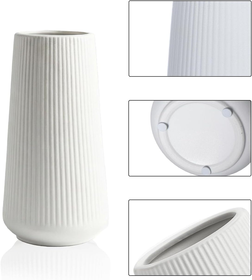 vensovo 8 Inch Glossy White Ceramic Vase, Ribbed Narrow Neck Flower Vase