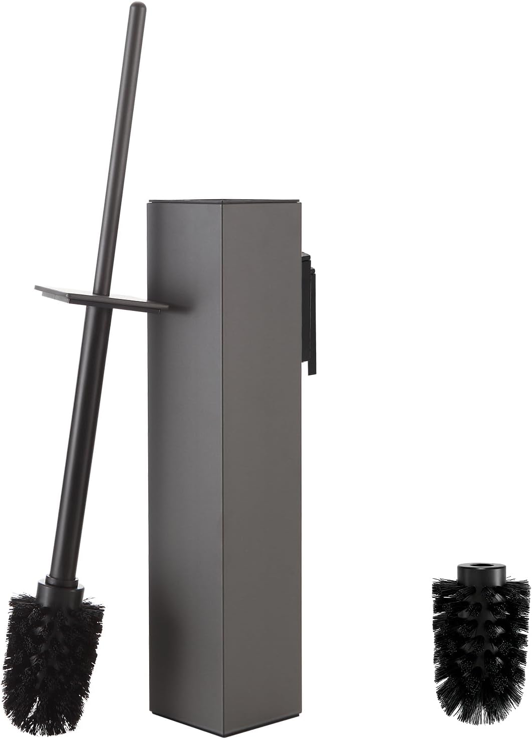 Toilet Brush and Holder Wall Mounted, Gun Gray Aluminum with 2 Replaceable Heads, Bathroom Toilet Brush, Drill or 3M Adhesive Mount, Removable Liner and Splash Guard, Modern Square Design