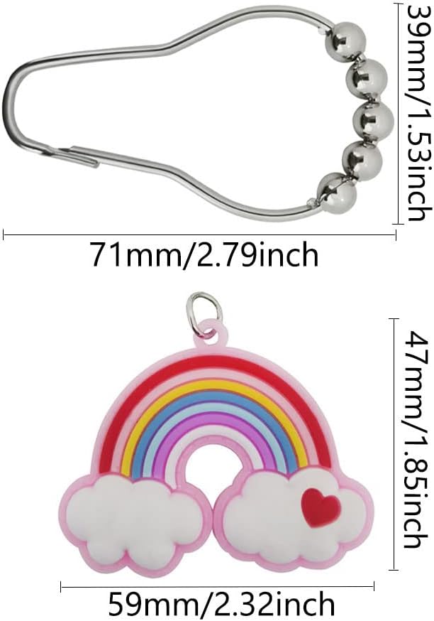 Decorative Rainbow Shower Curtain Hooks for Kids Bathroom - Rust-Proof Metal Stainless Steel Curtain Rings Set of 12 Fairy Fantasy Resin Rainbow Cloud Heart Kids Dormitory Bathroom Decor