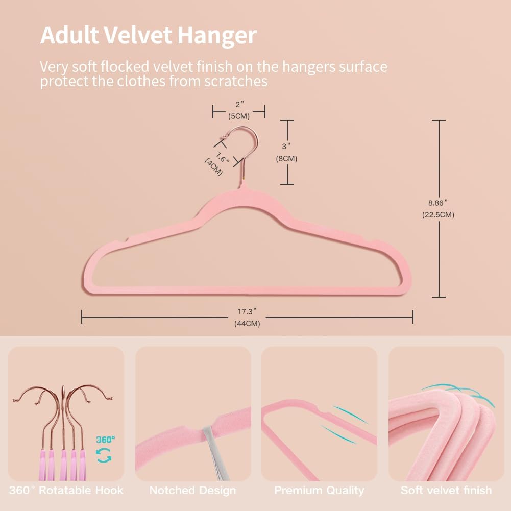 Stormix Adult Velvet Hangers Non-Slip, Shoulder Notches, 36 Pack Pink