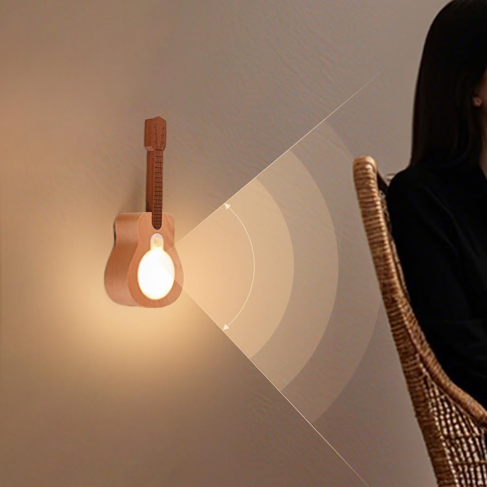 Solid Wood Guitar Night Light Motion Sensor Rechargeable Magnetic LED Lamp